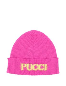 Ribbed Knit Beanie with Intarsia Logo and Turn-Up Brim