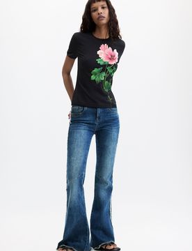 Camiseta Estampada Flores, Mujer, Algodon, Negro, XS