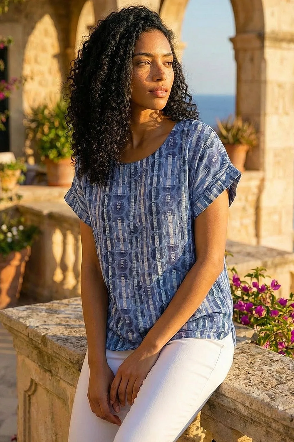 Womens All Over Circle Print Top - Blue - Size Large - Roman - FashionsVida