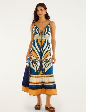 Long All-Over Print Cotton Dress with Elastic Waistband and Lace V-Neck