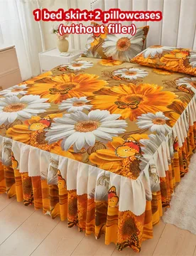 Juego de 3 piezas de falda de cama y fundas de almohada con estampado floral, suave y transpirable (1 falda de cama + 2 fundas de almohada), que absor - Shein - FashionsVida