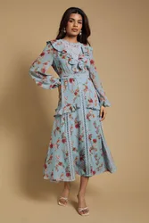 Petite Chiffon Printed Lace Trim Detail Ruffle Midi Dress - Blue - Size: 10
