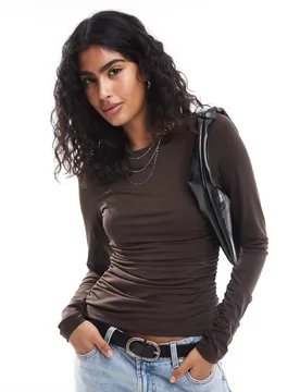 Womens Slinky Ruched Long Sleeved Top In Chocolate Brown - Aware - FashionsVida