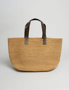 Shopper Bag grande in rafia naturale con manici in pelle - Sovani - FashionsVida