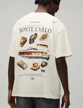 Men's Oversized Monte Carlo Graphic T-Shirt Ecru Size Large Ecru L - boohooMAN - FashionsVida