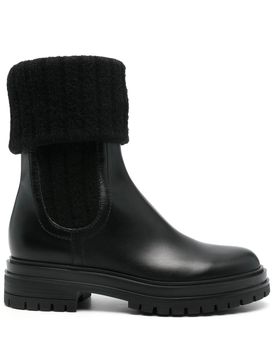Leather and Ribbed Stretch Knit Boots with Rubber Sole