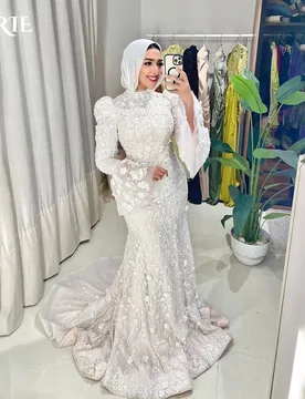 LORIE Lace Muslim Wedding Dresses Applique High Collar Puff Sleeve Church Mermaid Bridal Gown vestido de novia Customized - Aliexpress - FashionsVida