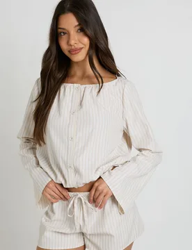 Womens Stripe Drawcord Low Rise Shorts - Beige - Size 10 Uk - Boohoo - FashionsVida