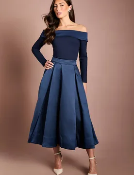 Women's Long Sleeve Satin Trim Bardot Top in Navy Size: 10 - Navy - Size: 10 - Coast - FashionsVida