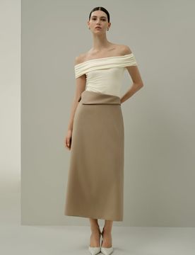 Gonna Midi Asimmetrica Seta-Lana, Elegante e Resistente alle Pieghe, , 52