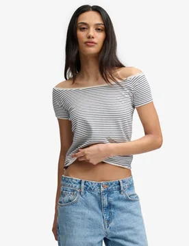 Superdry Damen Bardot Off-shoulder-top Schmale Passform Navy - Größe: 44 - 29.99 - FashionsVida