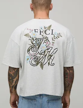 Mens Oversized Boxy Heavyweight Floral Embroidered T-Shirt - Grey Cotton - Size Medium - boohooMAN - FashionsVida