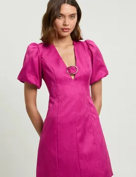 Tailored Puff Sleeve Trim V Neck Detail Mini Dress - Magenta - Size: 10 - Karen millen - FashionsVida