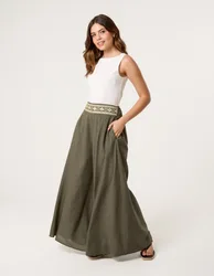Wide Leg Embellished Linen Trousers - XL / KHAKI - female
