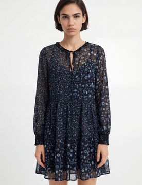 Robe courte gaze fleurs, Polyester, Bleu, XS