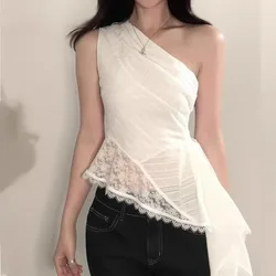 Irregular Lace Splicing Diagonal Neck Off-the-shoulder Sleeveless Top High-end Women's Clothing Summer Slim-fitting