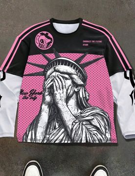 Camiseta casual de manga larga con cuello redondo y estampado gráfico minimalista de bloques de color para hombre, otoño