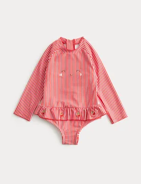 Strawberry Stripe Long Sleeve Swimsuit (0-3 Yrs) Red Mix Female - M&S - FashionsVida