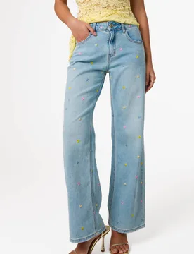 Women's Light Blue Allover Embroidered Flower Wide Leg Jeans Size: XS - Light Blue - Size: XS - Pink Vanilla - FashionsVida