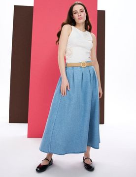 Gonna midi in denim con cintura - blu