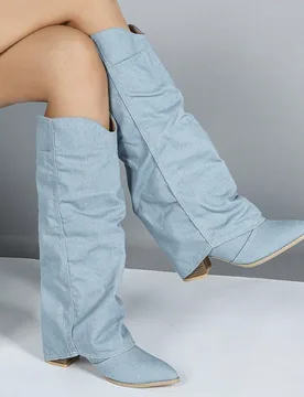 Botas de tacón grueso de media pantorrilla con puntera puntiaguda y pliegues en color azul claro, de moda y versátiles, adecuadas para salidas de so - Shein - FashionsVida