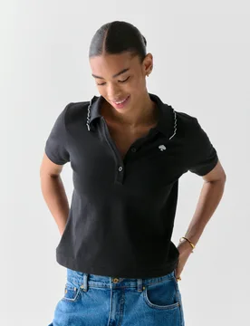 Womens Ruffle Logo Polo Shirt - Black Cotton - Size X-Small - Kate Spade - FashionsVida