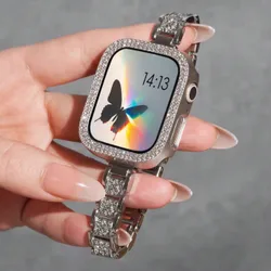Pieza/Set Correa de reloj de aleación de zinc + Estuche compatible, Correa de reloj estrecha de plata de 14 mm para mujer, Compatible con Apple Watch