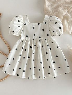 Vestido para niña joven nuevo clásico retro con estampado de lunares, cuello cuadrado, mangas cortas abullonadas y cintura ceñida