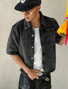 Camisa vaquera casual de manga corta y un solo pecho con bolsillo para hombres en verano - Shein - FashionsVida