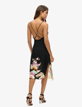 Superdry Damen Bedrucktes Midi-trägerkleid Schwarz - Größe: 38
