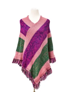 Autumn Winter V-neck Loose Pullover Sweater Tassel Stripe Cape Women Fashion Street Poncho Lady Capes Purple Cloaks P7 - Aliexpress - FashionsVida