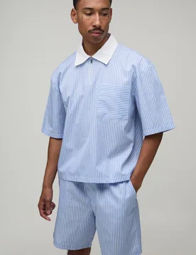 Herren Hemd Mit Kontrastkragen Und 1/4-Reißverschluss & Shorts Set Blue Größe Large - boohooMAN - FashionsVida
