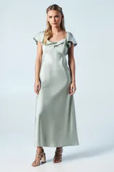Womens Petite Twist Front Angel Sleeve Midi Bridesmaids Dress - Green - Size 10 Uk
