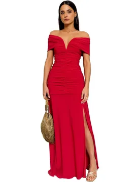 Vestido largo drapeado con escote bardot - MIPHAI - FashionsVida