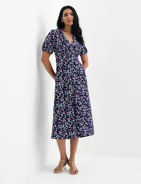 Floral Button Through Midi Waisted Dress Navy Mix female - Finery London - FashionsVida
