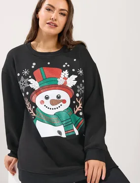 Snowman Christmas Novelty Sweatshirt - Black - Size: 22-24 - Yours - FashionsVida