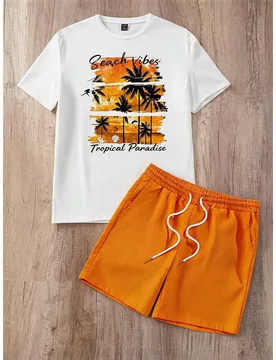 Conjunto de camiseta blanca y pantalones cortos naranja con estampado de árbol de coco, talla estándar para hombre - Shein - FashionsVida