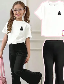 Conjunto de camiseta de manga corta con estampado de letra A y pantalones acampanados para niña preadolescente, suave y lavable a máquina, primavera - Shein - FashionsVida