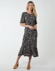 Womens Angel Sleeve Tiered Midi Dress - Black - Size 8 Uk