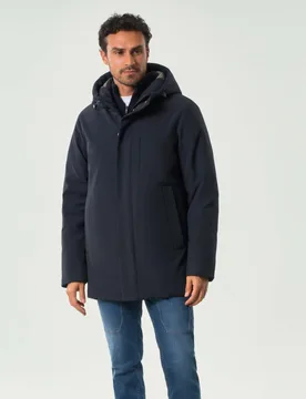 Parka blu con cappuccio in tessuto tecnico softshell con chiusura a cerniera nascosta - Paul Baker - FashionsVida