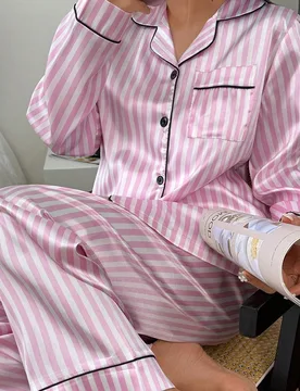 Piezas/Set Pijama de manga larga a rayas para mujer, Estético - Shein - FashionsVida