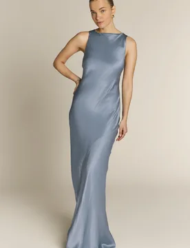Paris Dress in Pale Blue Satin - 8 - Rewritten - FashionsVida