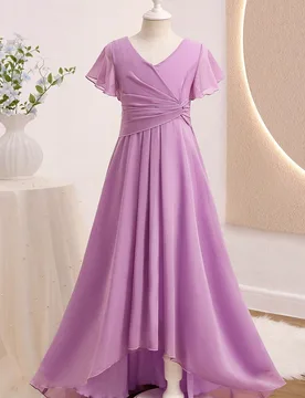 Vestido largo de gasa sin mangas con cuello en V elegante y bajo asimétrico para niñas, azul - Shein - FashionsVida