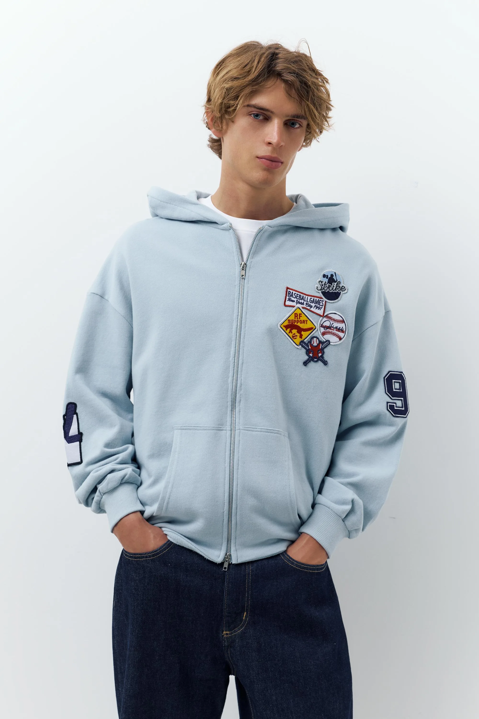 Hoodie With Zip And Patches (Size: ) - Pull&bear - FashionsVida