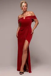 Off The Shoulder Front Split Velvet Maxi Dress - Red - Size: 16