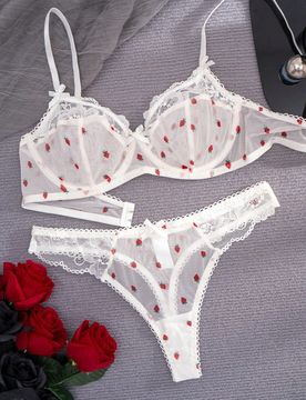 Conjunto de lencería cómoda para mujer con estampado de fresa blanca, encaje y lazo, con aros