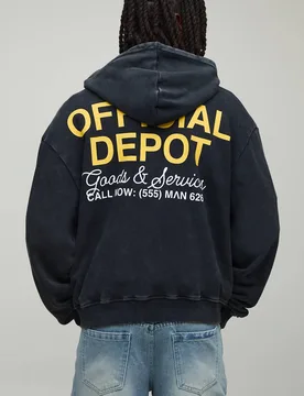 Herren Schwarzer Oversized Boxy Loopback Official Washed Zip-Through Hoodie Sweatshirt Black Größe Large - boohooMAN - FashionsVida