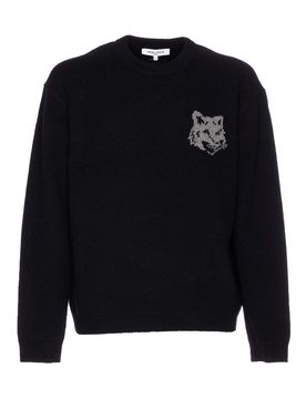 Maglione con intarsio testa di volpe nera