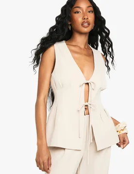 Womens Woven Tie Front Pleated Waistcoat - Ecru - Size 12 Uk - Boohoo - FashionsVida