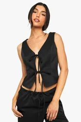 Womens Linen Look Tie Front Top - Black - Size 10 Uk